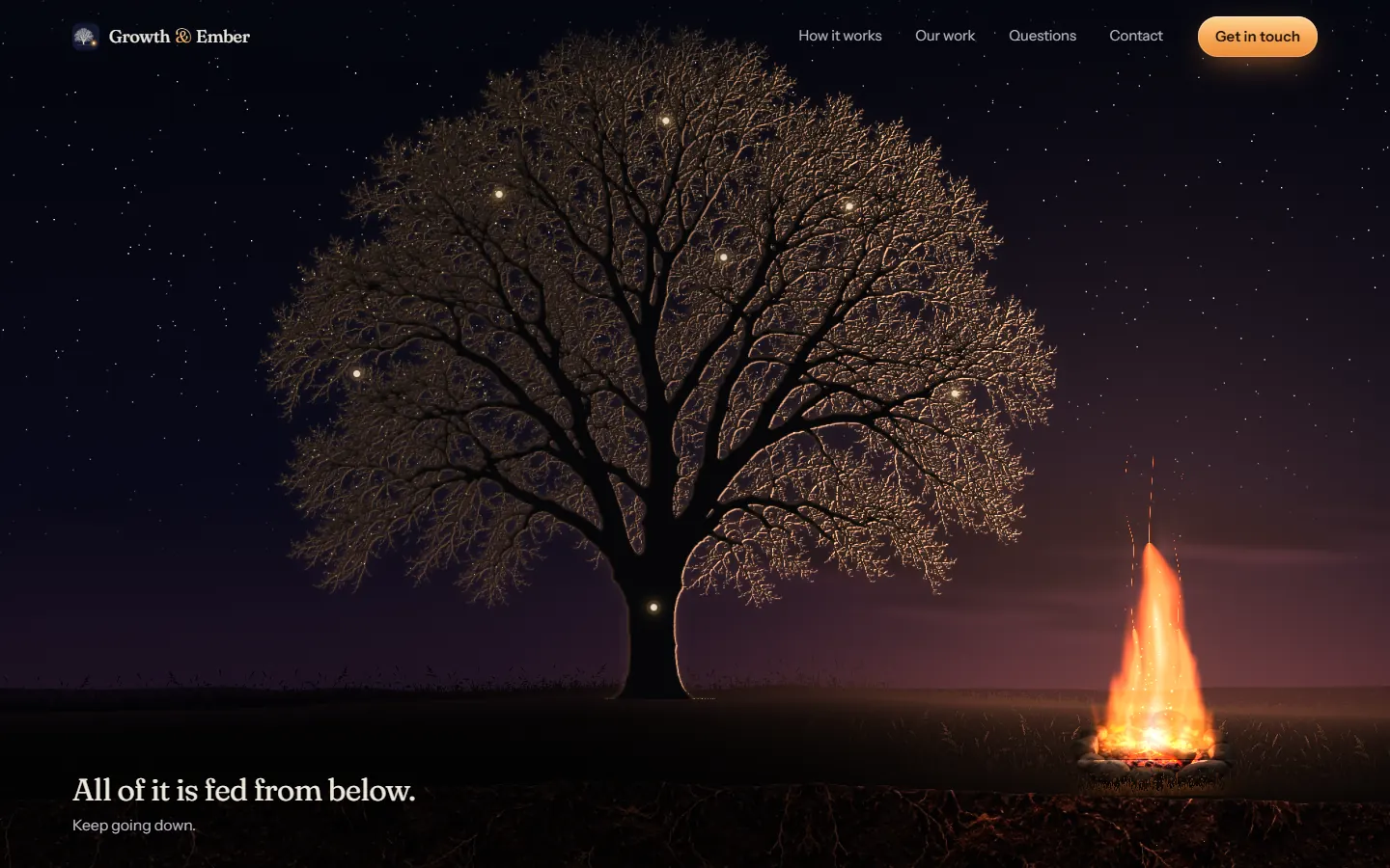 The home page at dusk: a bare elm on a grassy rise with its branches lit gold, and a campfire burning on the ground to its right.