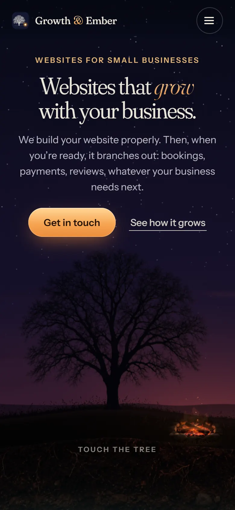 The home page on a phone: the offer and a button at the top, with the elm growing beneath it.